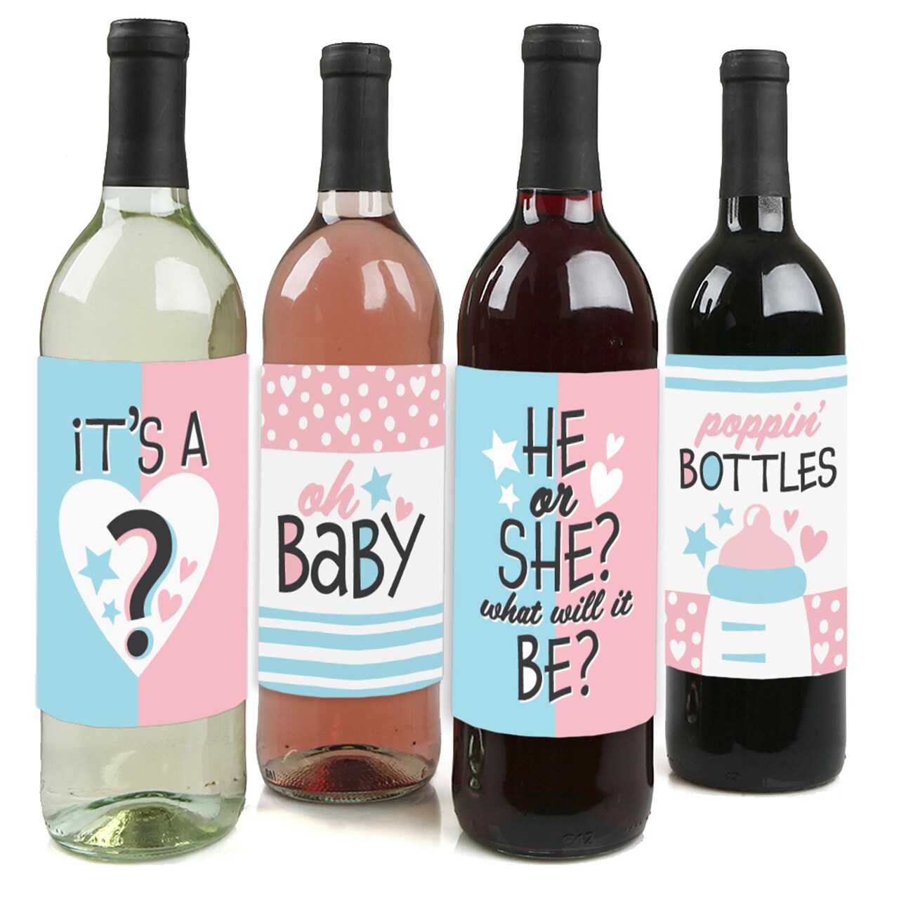 Big Dot of Happiness Baby Gender Reveal - Team Boy or Girl Party Decorations for Women and Men - Wine Bottle Label Stickers - Set of 4